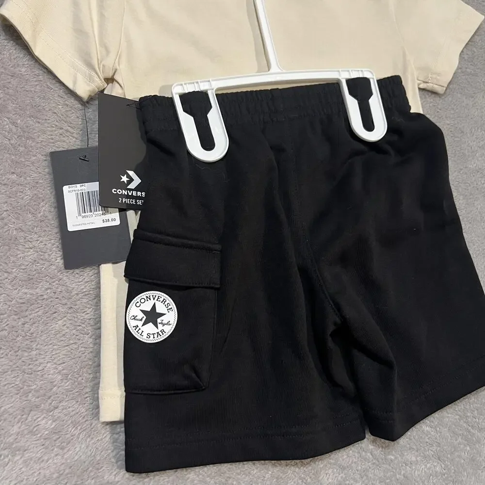Converse Shirt Shorts Set Boys Size 6 Beige Black All Star Logo 2 Piece Graphic